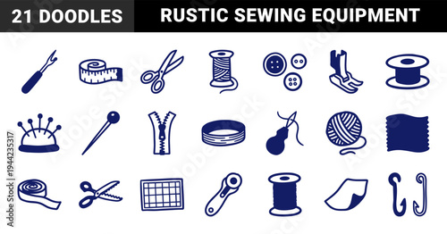 Hand-drawn sewing and tailoring elements for textile brand identity. Rustic, naive marker sketch illustrations of needlework and craft concepts.