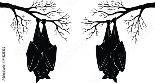 Silhouette, bats hanging on tree branch, nocturnal wildlife scene, flying mammal animal illustration, nature night creature concept