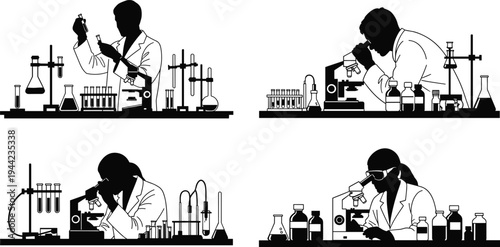 Scientists working in laboratory silhouette set, microscope research experiment, chemistry lab equipment analysis, scientific research concept illustration vector