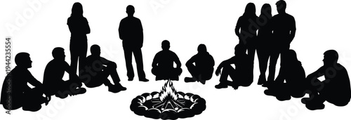 Silhouette, group of people sitting around campfire, outdoor gathering, friends camping night, social interaction, teamwork, storytelling, adventure lifestyle concept