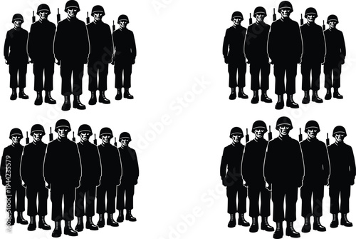 Silhouette, group of soldiers standing in formation with rifles, military army team, defense forces personnel, security service concept