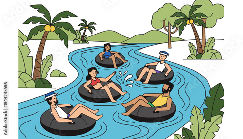 Inflatable rafting illustration of people floating down a tropical river