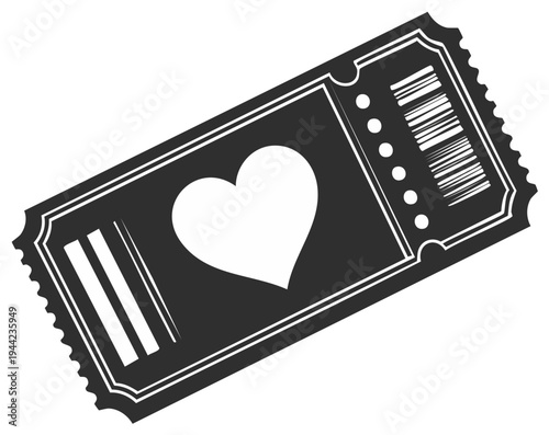 Single heart symbol ticket with perforation and barcode graphic design