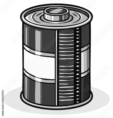 Illustrated can of food, black and white, cartoon style, food product design