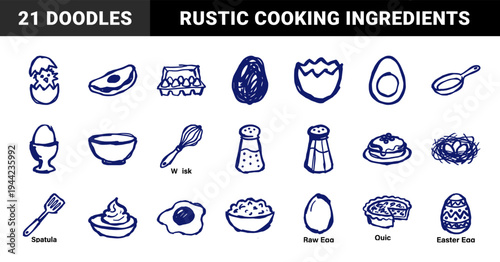 Hand-drawn egg and breakfast cooking elements for rustic kitchen branding. Naive blue marker sketch illustrations featuring poultry and culinary themes.