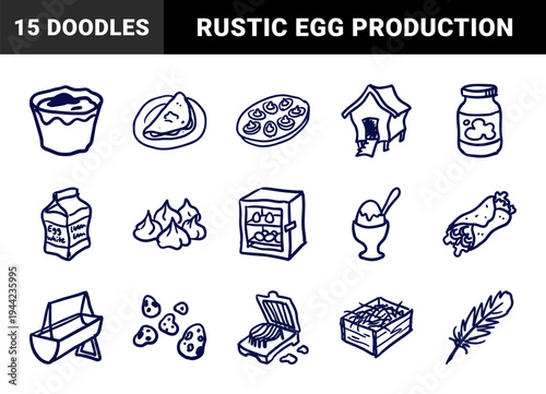 Hand-drawn poultry farming and egg production elements for rustic brand identity. Naive marker sketch illustrations featuring chicken coop and farm fresh food concepts.