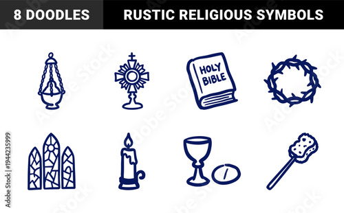 Christian religious liturgical elements for church community branding. Rustic, naive marker sketch doodles featuring catholic mass concepts.