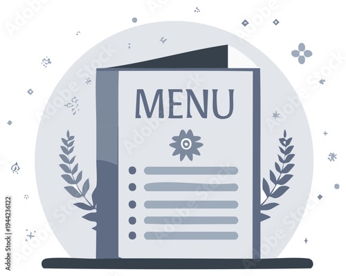 Illustrated menu book with laurel wreath elements and embellishments, restaurant concept design