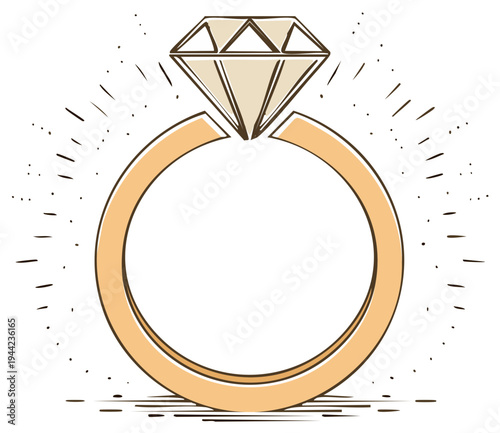 Hand drawn sparkling gold diamond engagement ring illustration for a wedding or proposal