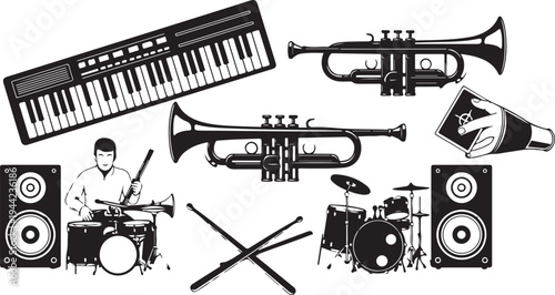 Music instruments and equipment for a lively performance setup