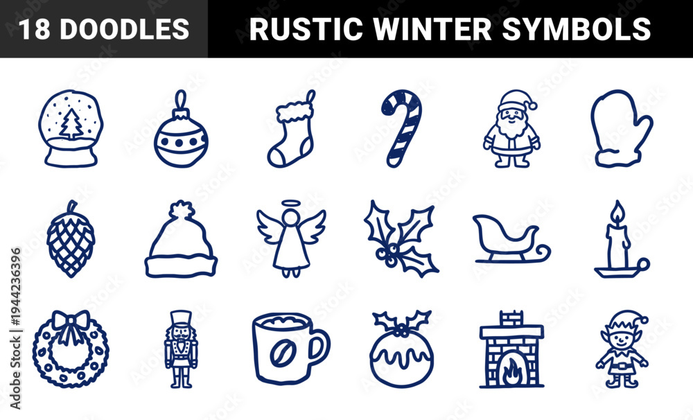 Naklejka premium Hand-drawn Christmas holiday elements in a rustic blue ink doodle style. Naive marker sketch illustrations for seasonal branding and winter crafts.