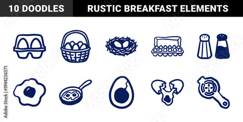 Hand-drawn egg and breakfast cooking elements for rustic culinary branding. Naive marker sketch illustrations featuring poultry and kitchen concepts.
