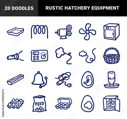 Hand-drawn poultry farming and egg production equipment for organic brand identity. Rustic, naive marker sketch illustrations of chick brooding gear.
