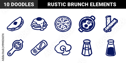 Hand-drawn breakfast and brunch food elements with naive marker sketch aesthetic. Rustic blue ink doodle illustrations of pancakes, eggs, and seasonings.