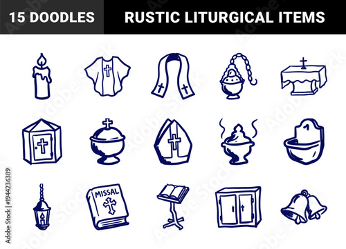 Hand-drawn Catholic liturgical elements and church symbols. Rustic, naive marker sketch illustrations for religious education and parish branding.