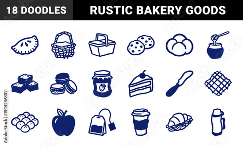 Hand-drawn picnic and bakery elements with rustic naive doodle aesthetic. Organic marker sketch illustrations for cozy cafe branding and food packaging.