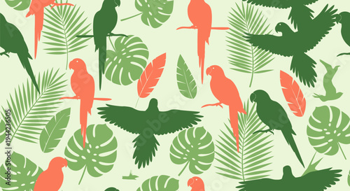 Colorful Birds and Tropical Leaves Pattern.