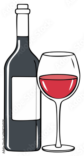 Red wine bottle and glass illustration, simple clean design