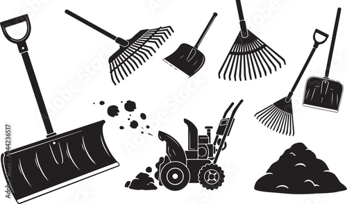 Black and white illustration of gardening tools and equipment