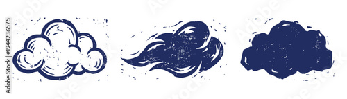 Three different artistic depictions of clouds in varying styles, from detailed to solid fill