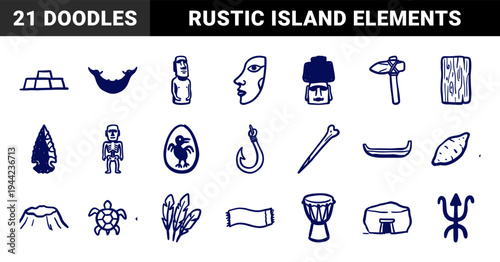 Polynesian and Rapa Nui cultural elements in a naive doodle style. Rustic marker sketch illustrations featuring Moai statues and island tribal motifs.