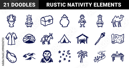 Hand-drawn biblical nativity and epiphany elements in a naive doodle style. Rustic marker sketches featuring wise men, camels, and desert travel.