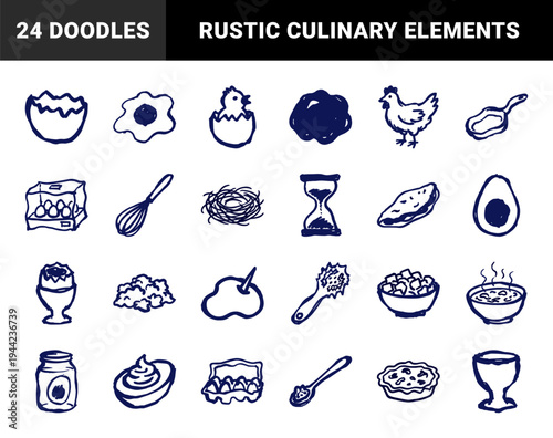 Hand-drawn chicken and egg breakfast elements for rustic culinary branding. Naive blue ink doodle illustrations featuring poultry farming and cooking concepts.