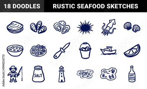Hand-drawn seafood and coastal foraging elements for rustic restaurant branding. Naive marker sketch illustrations of oysters, mussels, squid, and maritime tools.