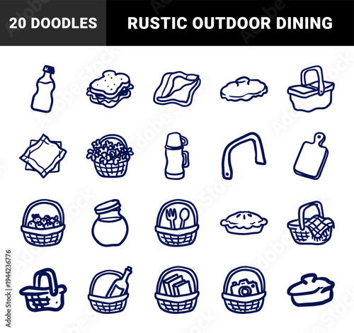 Hand-drawn picnic and outdoor dining elements for rustic brand identity. Naive marker sketch illustrations featuring baskets, snacks, and jars.