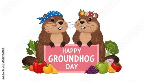 Happy groundhog day - celebration with groundhogs and vegetables