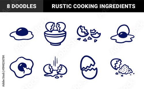 Hand-drawn broken egg and cooking ingredient doodles for culinary branding. Rustic naive marker sketch illustrations of cracked shells and yolks.