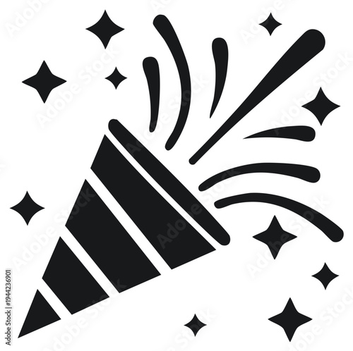 Party popper with confetti and stars exploding black silhouette for celebration designs