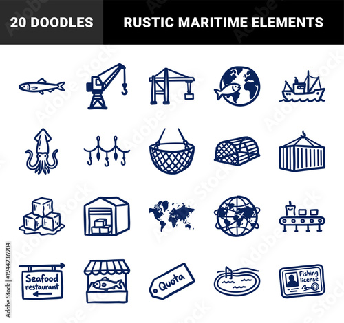 Hand-drawn commercial fishing and seafood industry doodles for organic branding. Rustic, naive marker sketch illustrations featuring maritime supply chain elements.