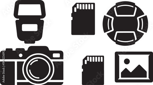 Photography equipment and accessories icons on white background