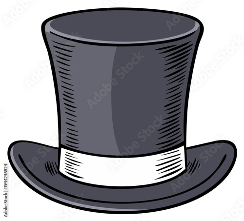 Vintage dark top hat illustration with white band antique style accessory cartoon drawing