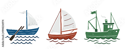 Set of three unique boat illustrations, including a rowboat, sailboat, and fishing boat on water