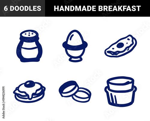 Hand-drawn breakfast and egg preparation elements with rustic naive doodle aesthetic. Organic marker sketch illustrations for culinary branding.