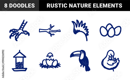 Hand-drawn ornithology and bird watching elements for rustic branding. Naive marker sketch illustrations featuring avian life and nesting concepts.