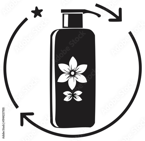 Recycle process shown for lotion bottle or cleanser with a flower for organic beauty