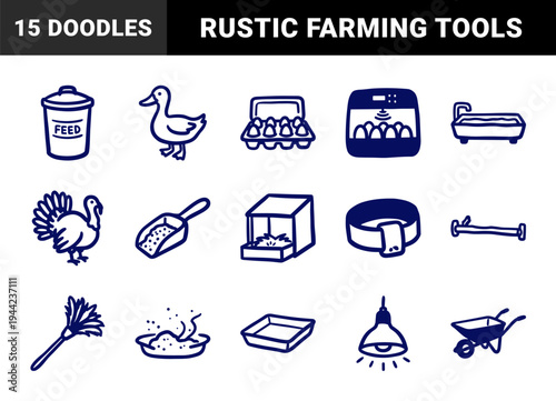Hand-drawn poultry farming and bird care elements for rustic brand identity. Naive marker sketch illustrations of duck, turkey, and hatchery tools.