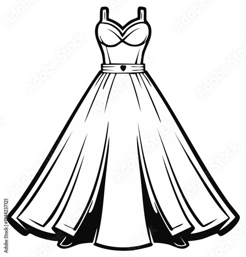 Elegant formal gown illustration in black and white, vintage style