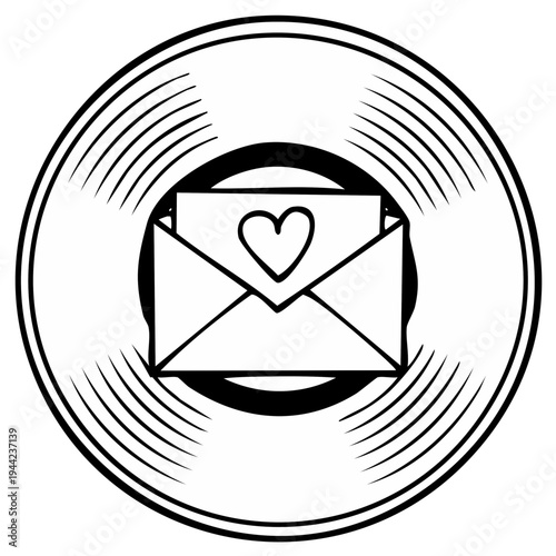 Black and white illustration of an open envelope with a heart symbol and letter inside a circular frame resembling a vinyl record