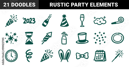 Hand-drawn New Year celebration elements in crude marker sketch style. Rustic naive party doodles featuring champagne, fireworks, and countdown clock.