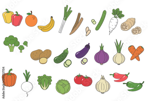 Fresh vegetables and fruits collection for cooking nutrition grocery and healthy food themes