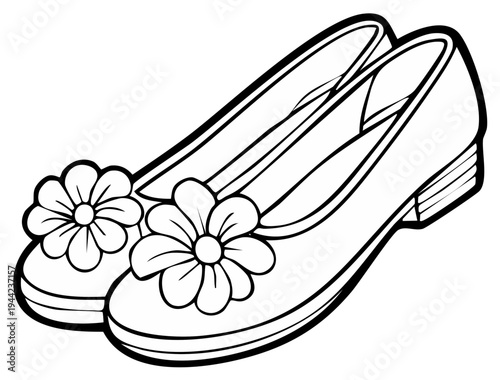 Pair of cartoon style shoes with floral decorations black and white illustration