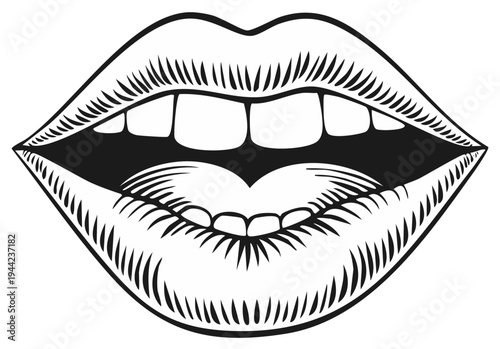 Open Mouth with Teeth and Tongue in Retro Style Engraving Black and White Illustration
