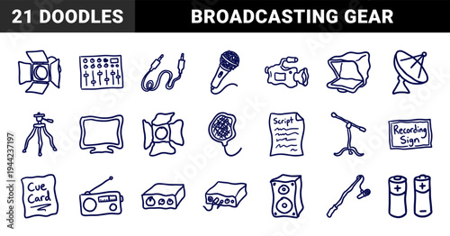 Broadcast and podcast production equipment in a naive marker sketch style. Clumsy hand-drawn audio and video gear for media branding.