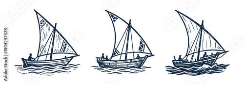 Traditional sailboat illustrations with dhow style vessels on ocean waves
