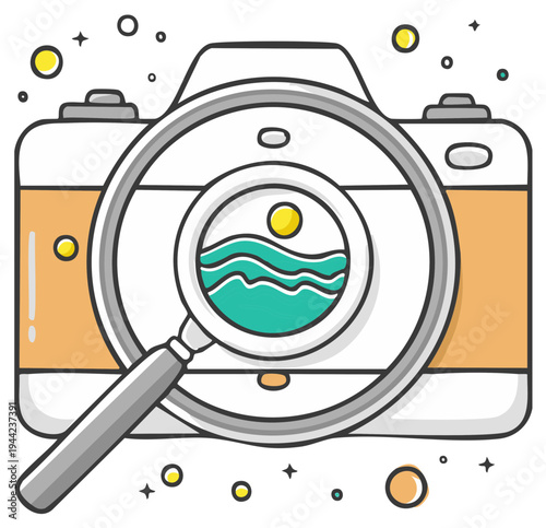 Illustration of Vintage Camera with Magnifying Glass Focusing on Ocean Scene
