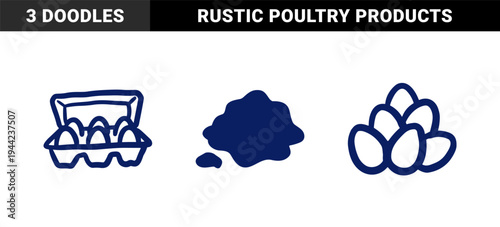 Farm fresh organic eggs and rustic chicken poultry products for local market branding. Naive hand-drawn marker sketch illustrations featuring eggs in carton.